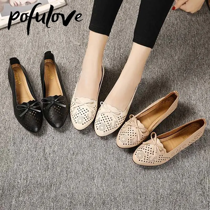 

Pofulove Hollow Hole Single Shoe Women's Summer Breathable Solid Color Pointed Toe Bowknot Soft Sole Slope Heel Flat Shoes