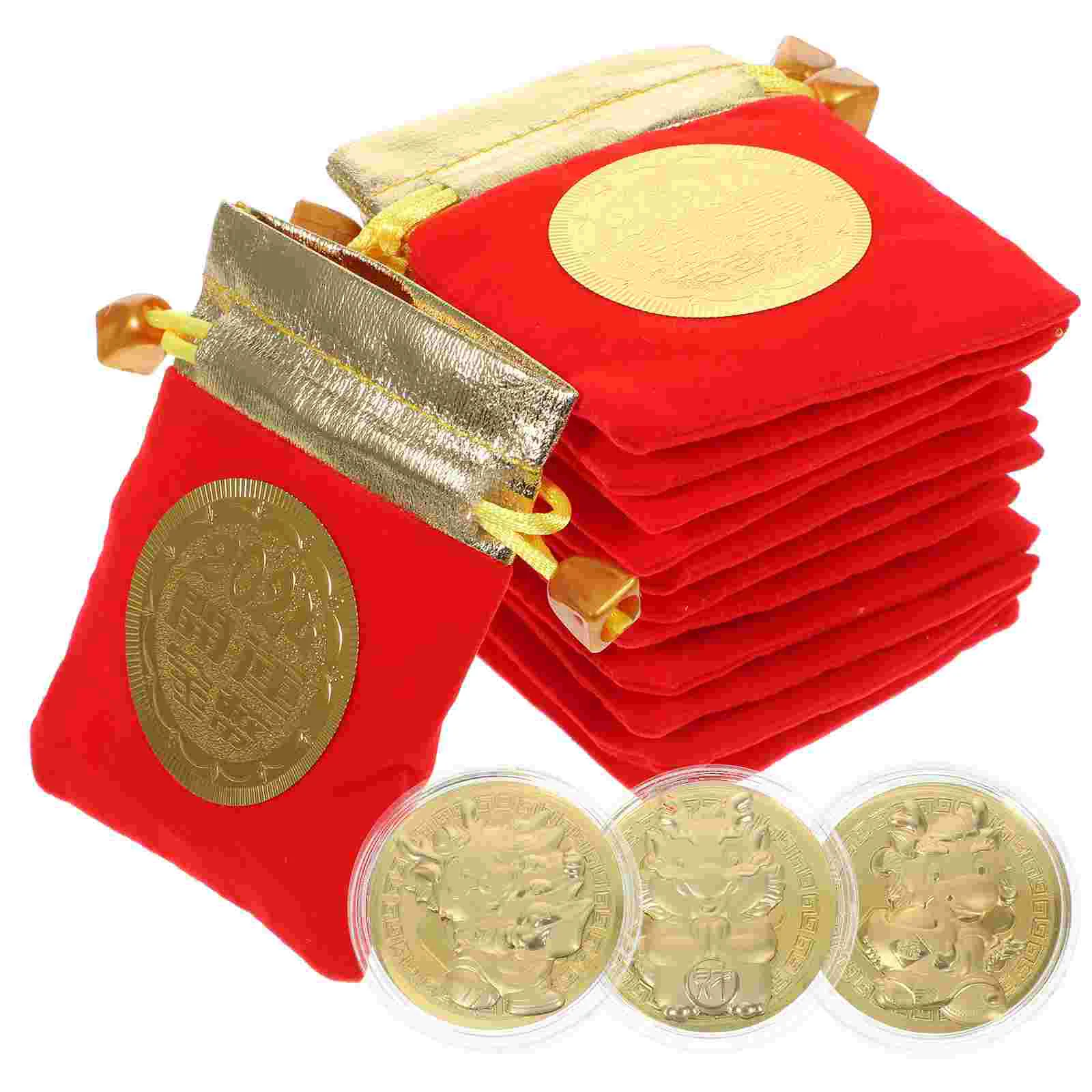 

12 Sets Zodiac Coins 2023 The Year of Dragon Commemorative Coins Souvenir Coins with Pouch New year's souvenirs 2024 Gifts for