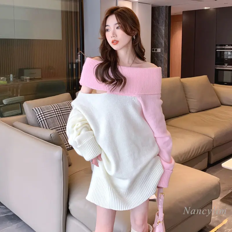 

Свитер средней длины с открытыми плечами, весна-осень, элегантный повседневный Длинный топ для девушек, 2023