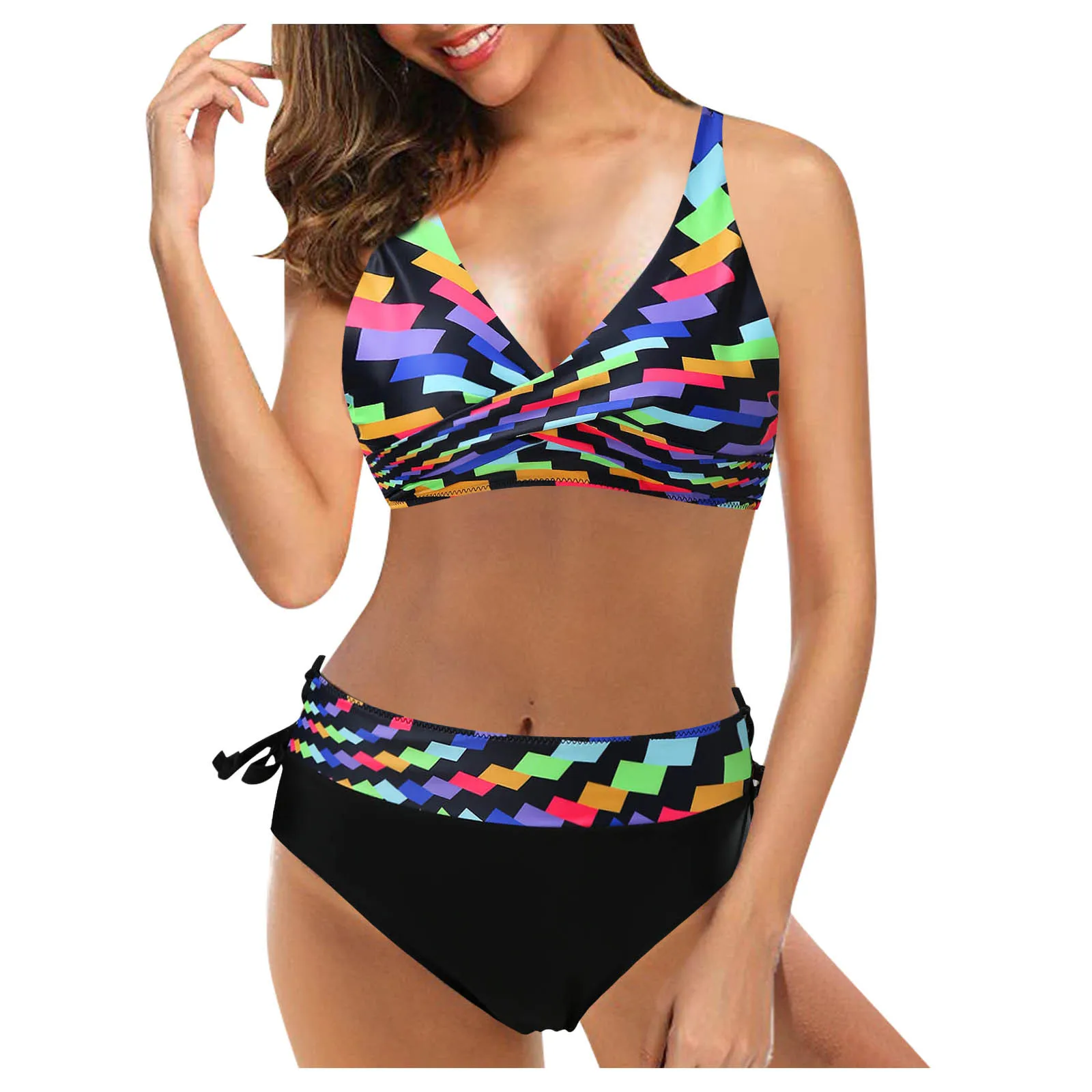 

Print High Set Bikini Halter Two Swimsuit Ruched Women Retro Piece Waist Vintage Swimwears Tankinis Set Swimwears Mini bikini