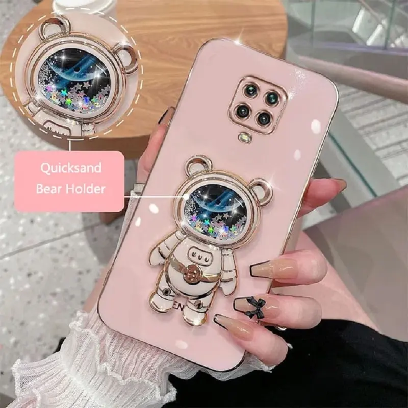 

Phone Case for Xiaomi Redmi Note 9S Redmi Note 9 Pro Redmi Note 9 Pro Max Luxury Plating Quicksand Cartoon Bear Fold Stand Cover