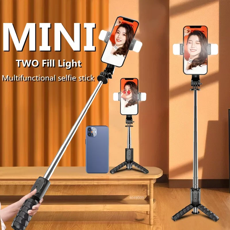 

Mini Wireless bluetooth selfie stick tripod With fill light shutter Remote, Mini Extendable 4 in 1 Selfie Stick - 360° Rotation