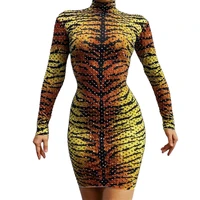 leopard long sleeves high neck women sexy zipper rhinestones dress party club festival rave outfits stage costume