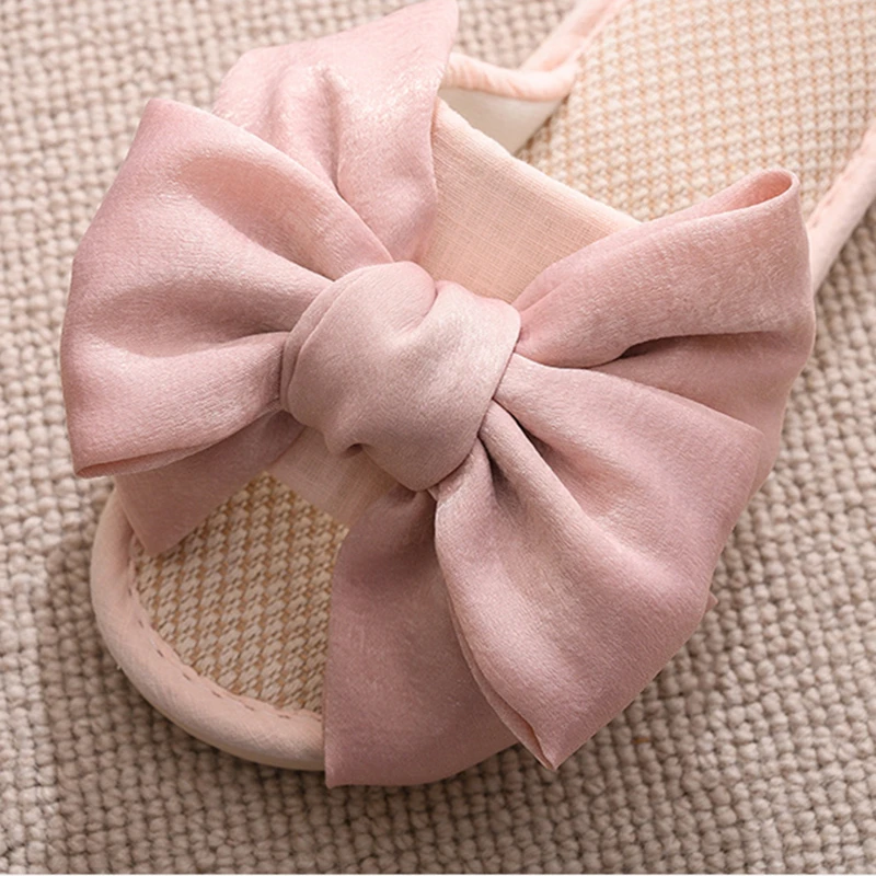 Elegant House Women Hemp Slippers Big Silk Bow Upper Bedroom Mute Non-slip Cotton Shoes Spring Summer Home Flax Ladies Slides