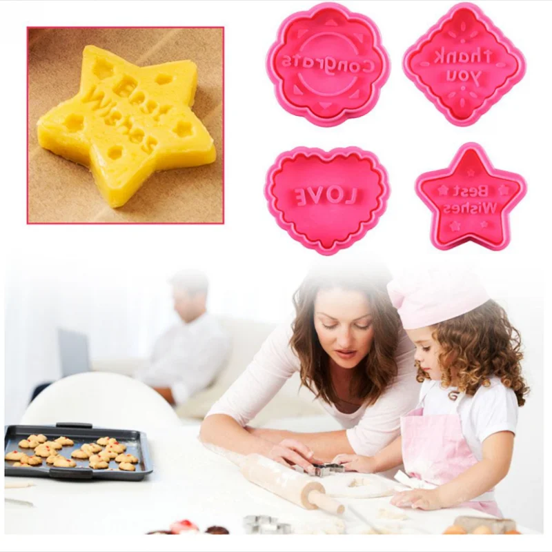 

4Pcs Cookie Cutters Molds with Good Wishes Pastry Tools Biscuit Mold for Baking Cookie Stamp Fondant Cutter Cookie Run 2022 New