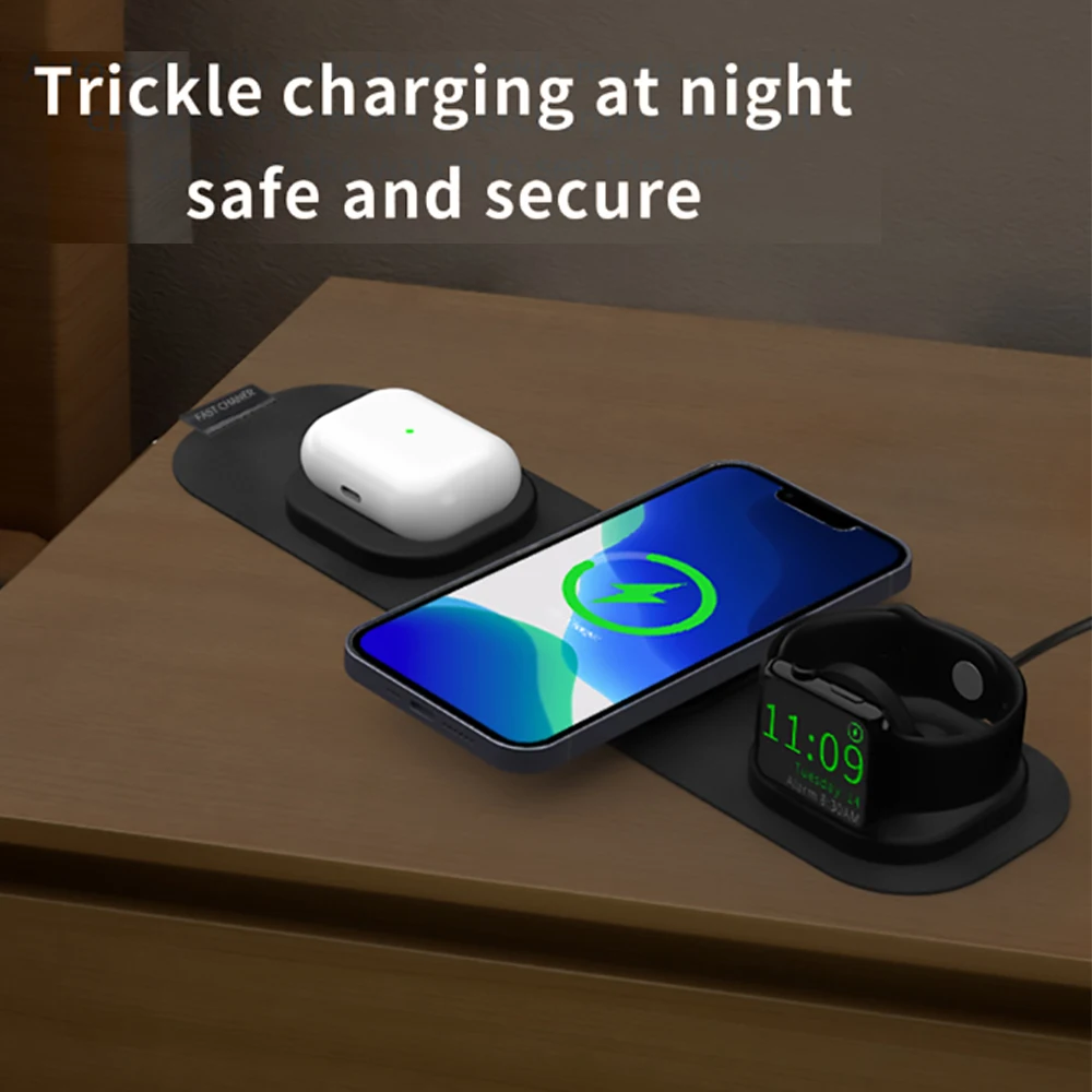 Bonola Portable 3 in 1 Travel Wireless Charger Foldable for iPhone 13/12//8/14 Fabric Wireless Charging for Apple Watch/AirPods