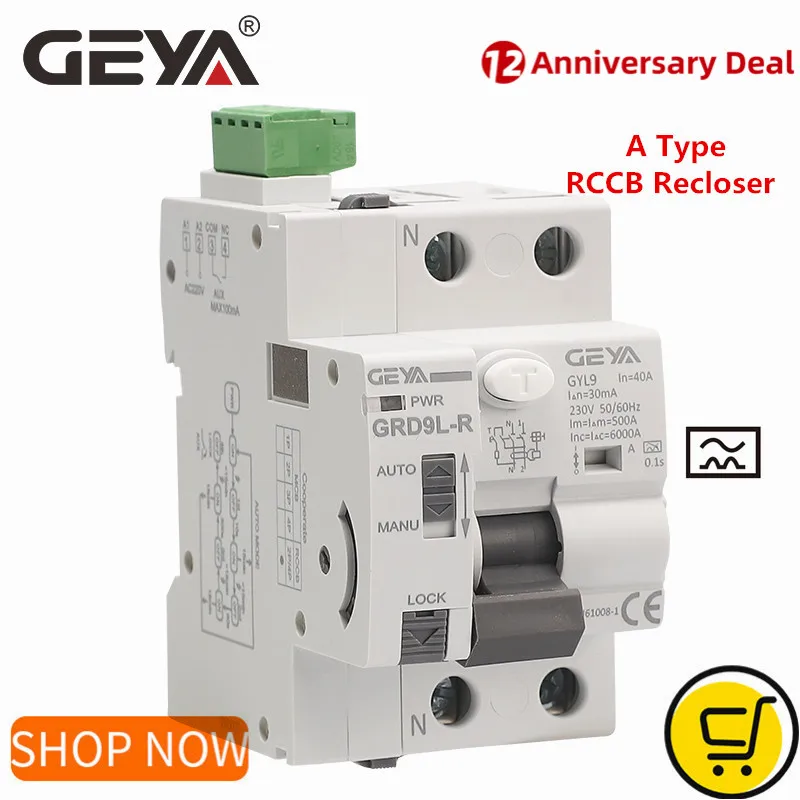 Geya Grd9l-r Recloser Automático com um tipo Rccb Rcd Elcb 40a 63a 30ma 100ma 300ma Disjuntor de Segurança Disjuntores