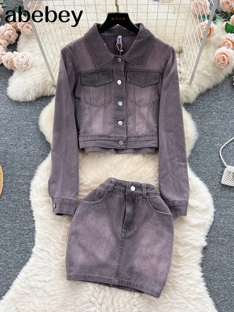 

2023 Autumn New Arrivals Long Sleeve Single Button Denim Short Jackethigh Waist Full Jeans Short Skirt Two Piece Set Women