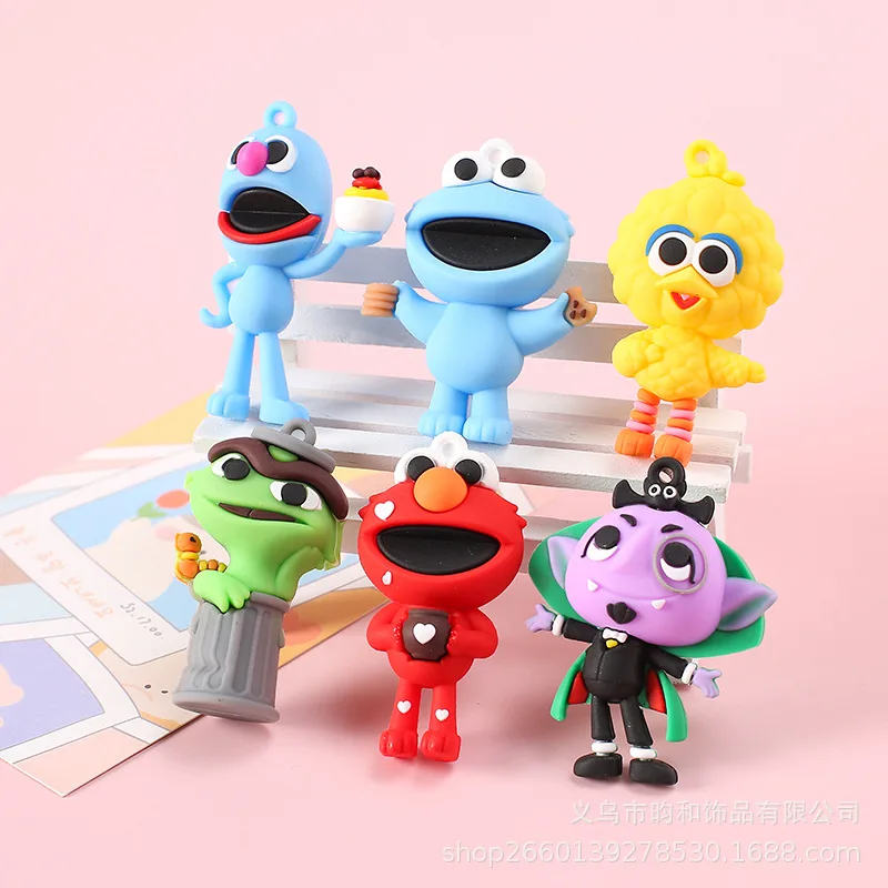 6pcs/set Cute ELMO and COOKIE MONSTER Sesame Street Keychain Cartoon Doll Key Rings Car Backpack Keyholder Cute Key Buckle