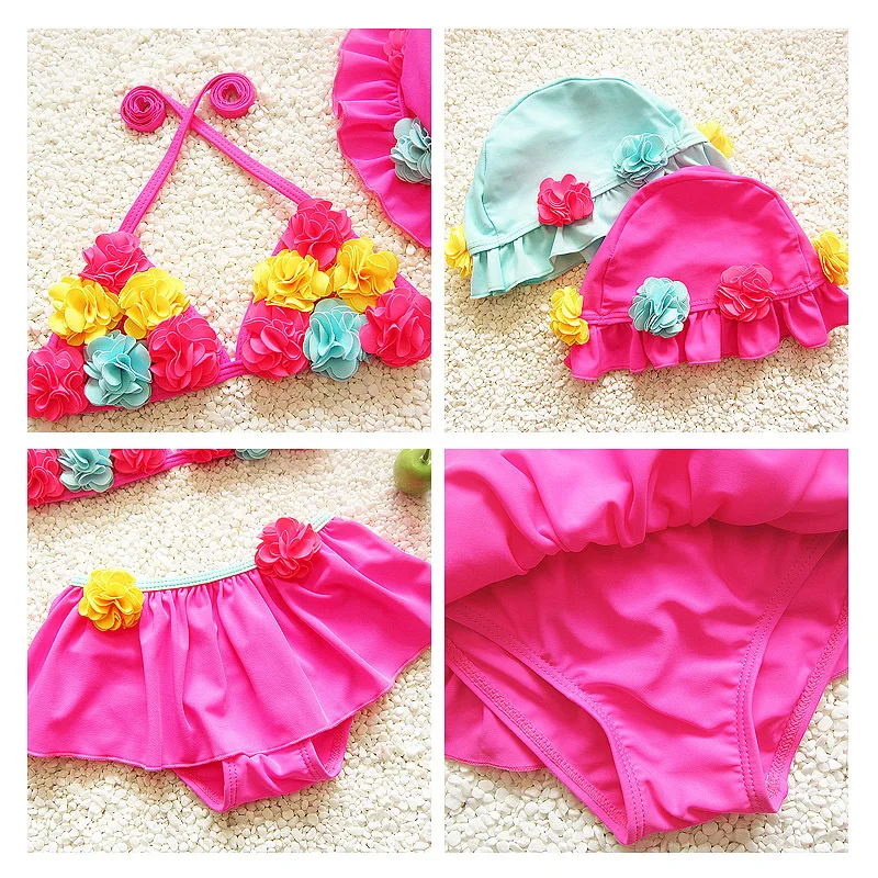 Купальный костюм для маленьких девочек бикини на подтяжках с цветами голубой