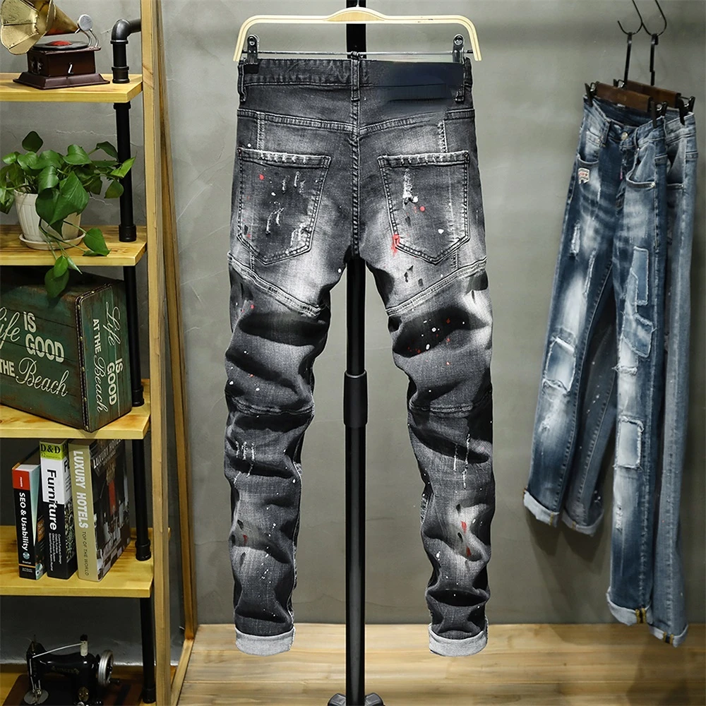 Broken Jeans Men's Paint Dots Ink Jet Soft Cotton High Elastic Leather Label Black Grey Slim Fit Pants Red Ears