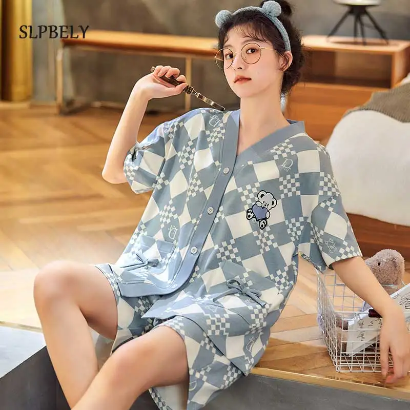 

SLPBELY Plaid Women Pajamas Set Homewear Summer Cartoon V Neck Short Sleeve Nightwear Pyjamas Sleepwear Simple Loungewear Pijama