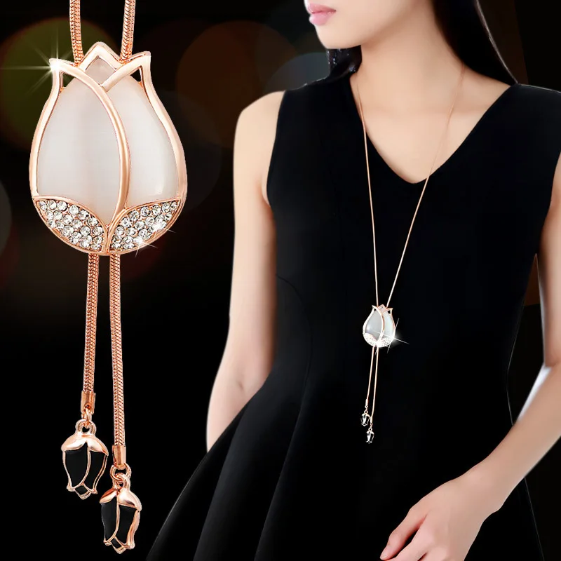 

KIOOZOL korean fashion Opal Flower Long Pendant Necklace for Women Rose Gold Silver Color wedding accessories 066 KO2