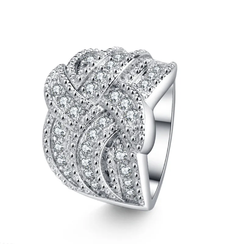 

2023 NEW Luxurious Double-Layered Flower Cross Wrap Diamond Couple Ring For Women Zirconia Silver Plated Engagement Gift Jewelry