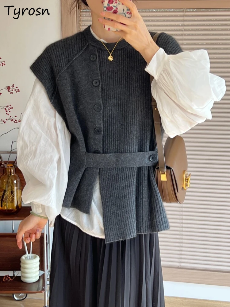 

Женский Асимметричный свитер, элегантный универсальный Повседневный осенний Свободный вязаный жилет в Корейском стиле, в стиле ретро