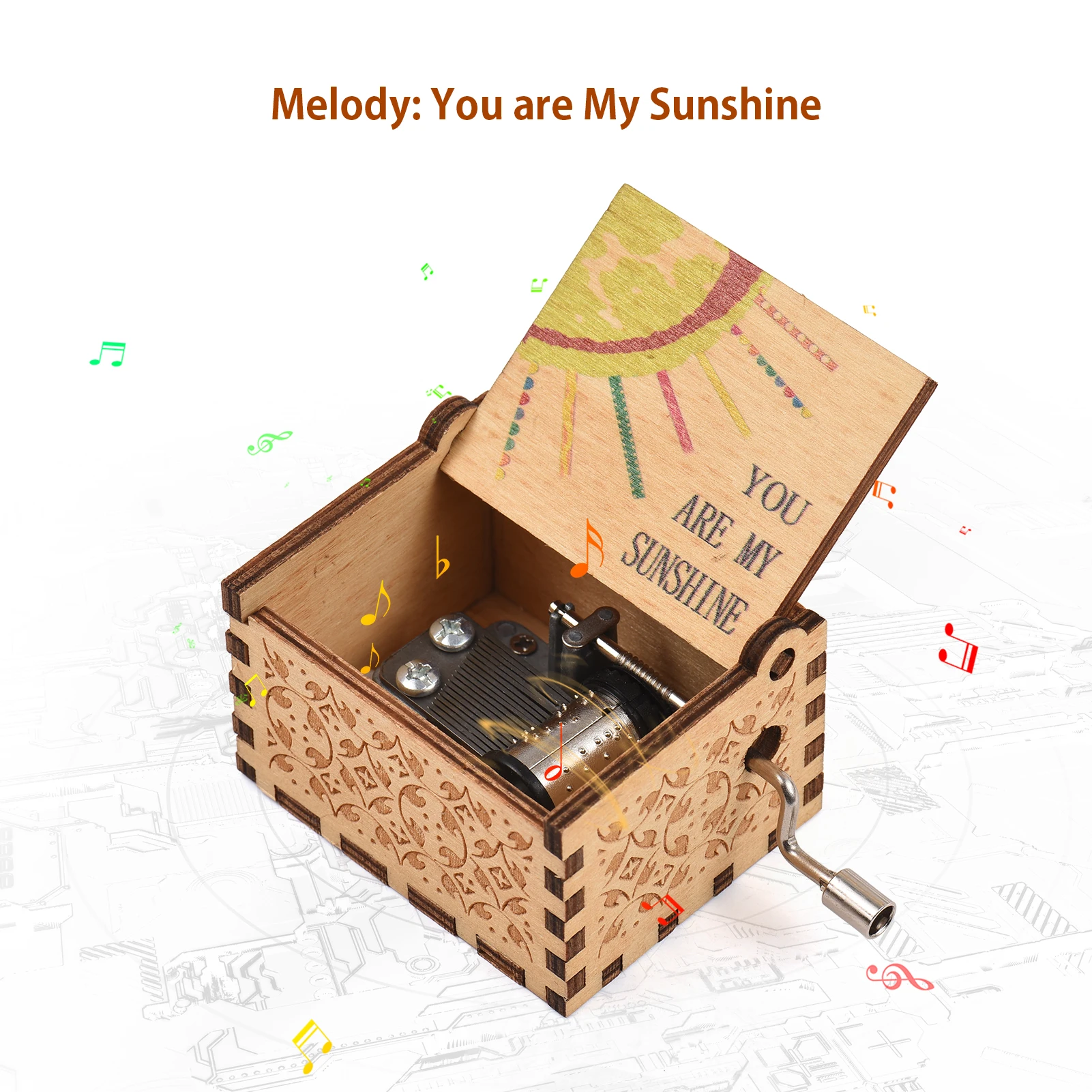 Vintage Wooden Carved Hand Cranked You're My Sunshine Palm-size Birthday Day Gifts Valentine's Day Christmas Gift