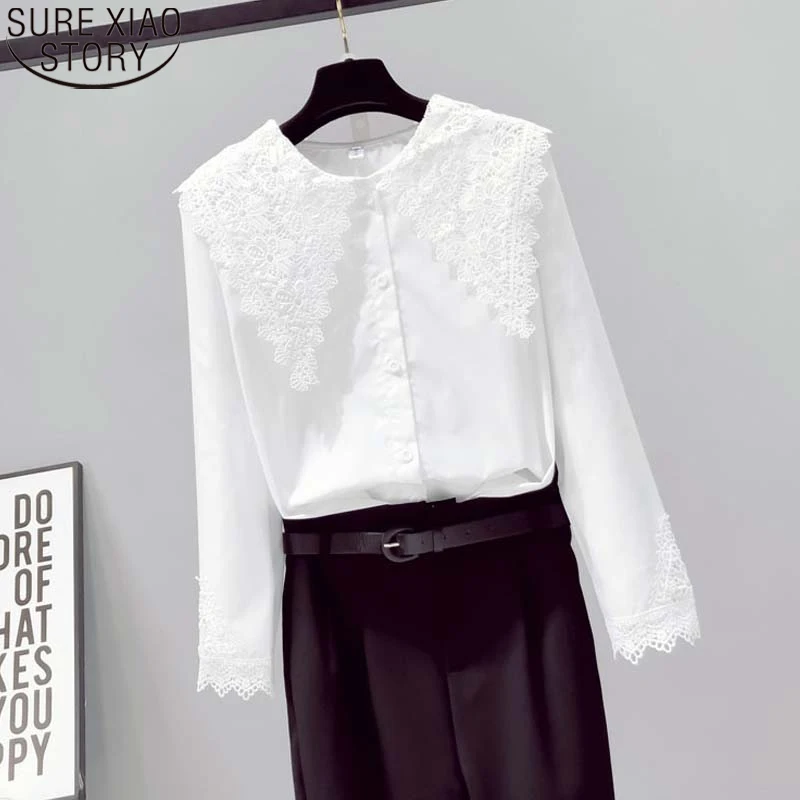 

Korean Lace Stitching Loose Shirt Women Long Sleeve Spring Autumn Sweet Peter Pan Collar Lace Spliced Clothes Cotton Tops 19498