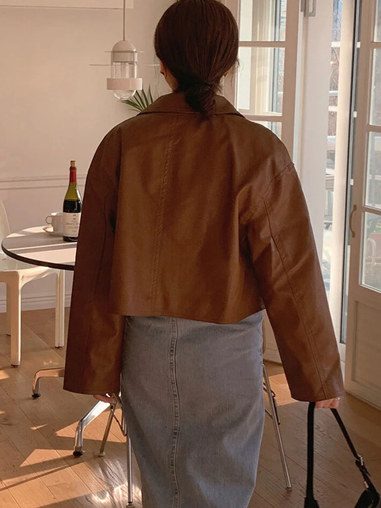 Korean Fashion Elegant Leather Jacket Women Winter Streetwear Cropped Faux Fur Coat High Street Vintage Moto Biker Zipper Jacket