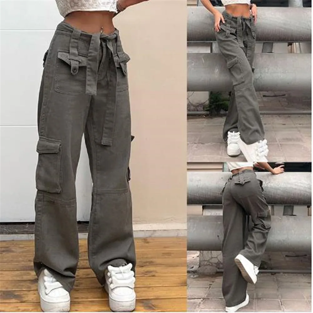 Multi-Pocket Cargo Pants Women Casual Hippie Denim Trousers Solid Baggy High Waist  Jeans Women Vintage Streetwear S-L