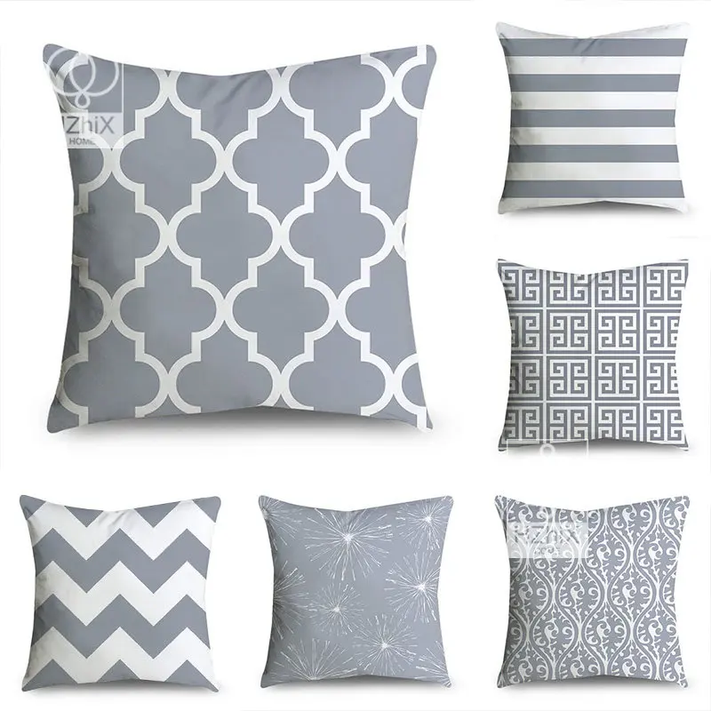 

2023 Gray Lumbar Pillows Case Decorative Cushions for Sofa 45X45CM Geometry Leaves Floral Stripes Print Home Body Pillow Cover