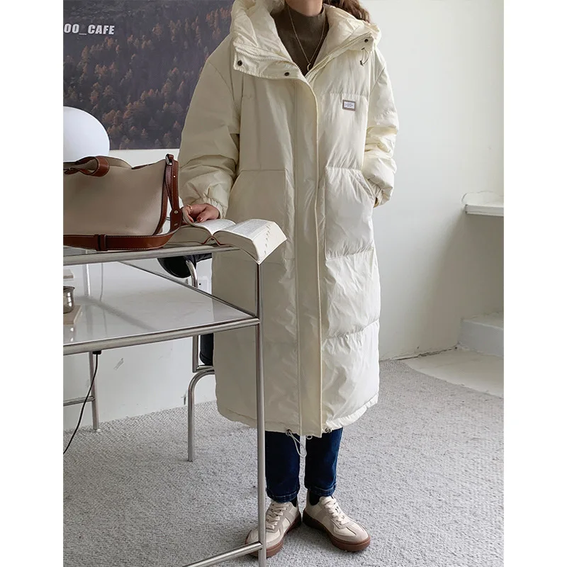 Down Jacket Womens Medium and Long Winter Hooded Loose Warm and Windproof Down Thick Coat for Women