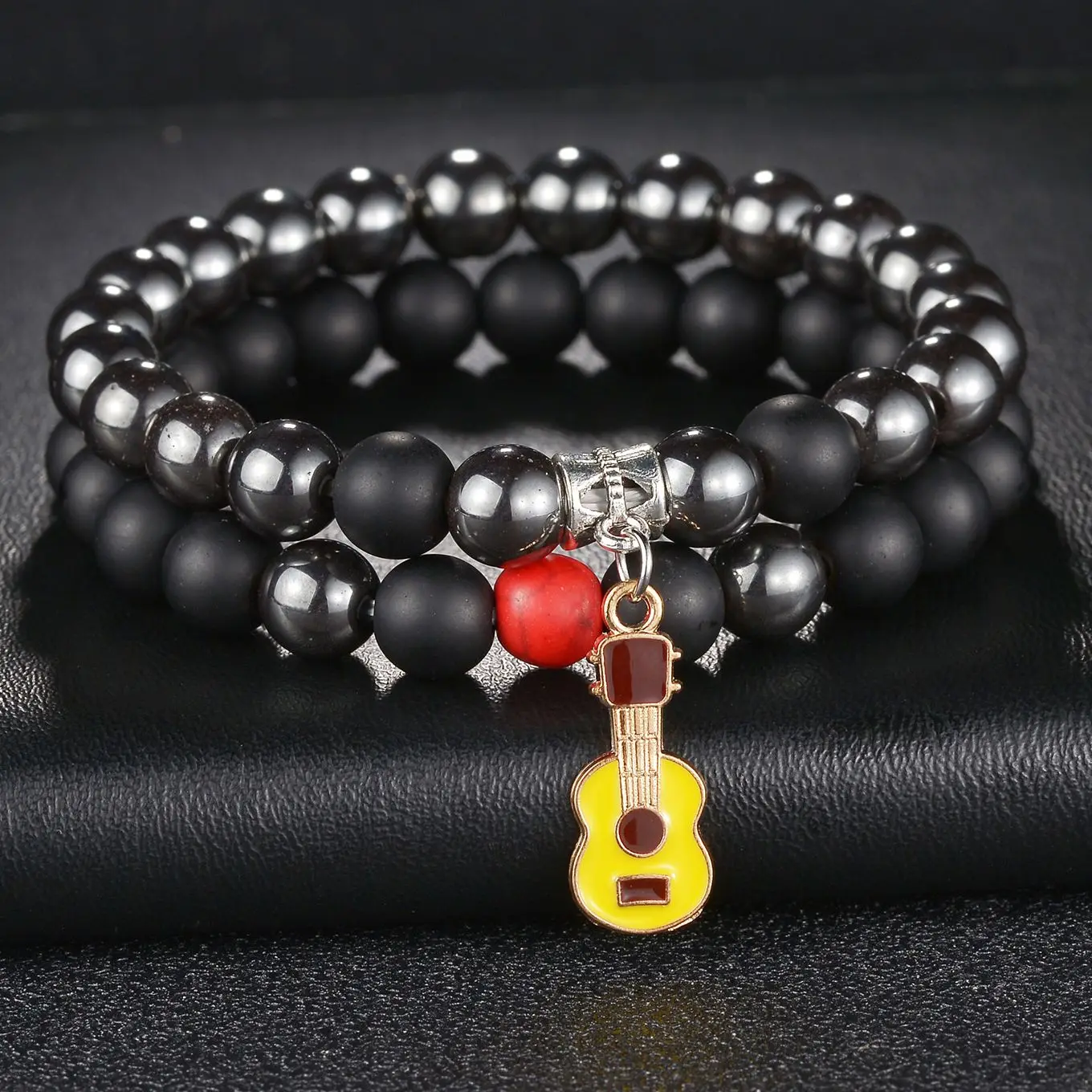 

Hot Sale 8mm Beads Bracelet For Lovers Natural Stone Black Hematite Distance Guitar Men Couple Bracelets Friendship Jewelry Gift