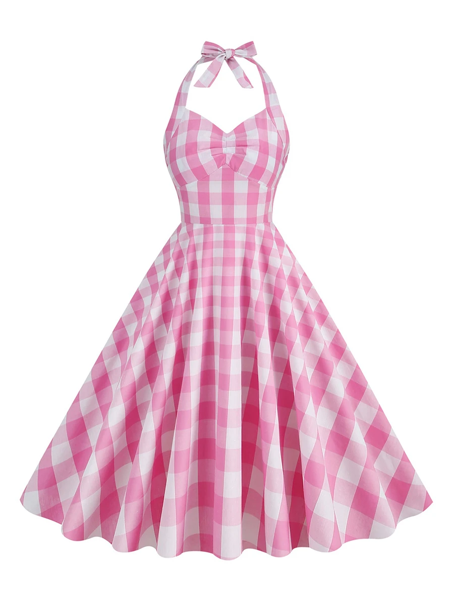 

Women Pink Dress Sleeveless Backless Pink Plaid Dot A-line Midi Dress Tie-up Halterneck Swing Dress Vintage Party Dress