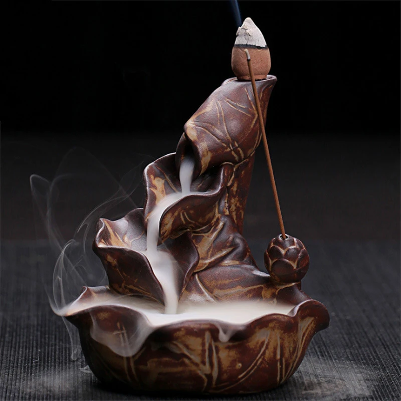 

Lotus Fountain Incense Holder Burner Waterfall Tathagata Smoke Backflow Home Decor Buddhist Aroma Censer with Incense Cones