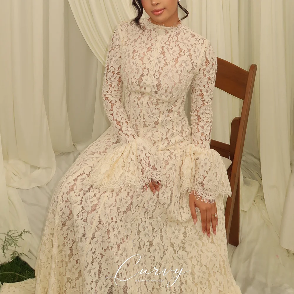 Фото Изысканное свадебное платье Vestido De Novia для женщин: с высоким воротом, кружевными рукавами-колокол, А-силуэт, на заказ №5
