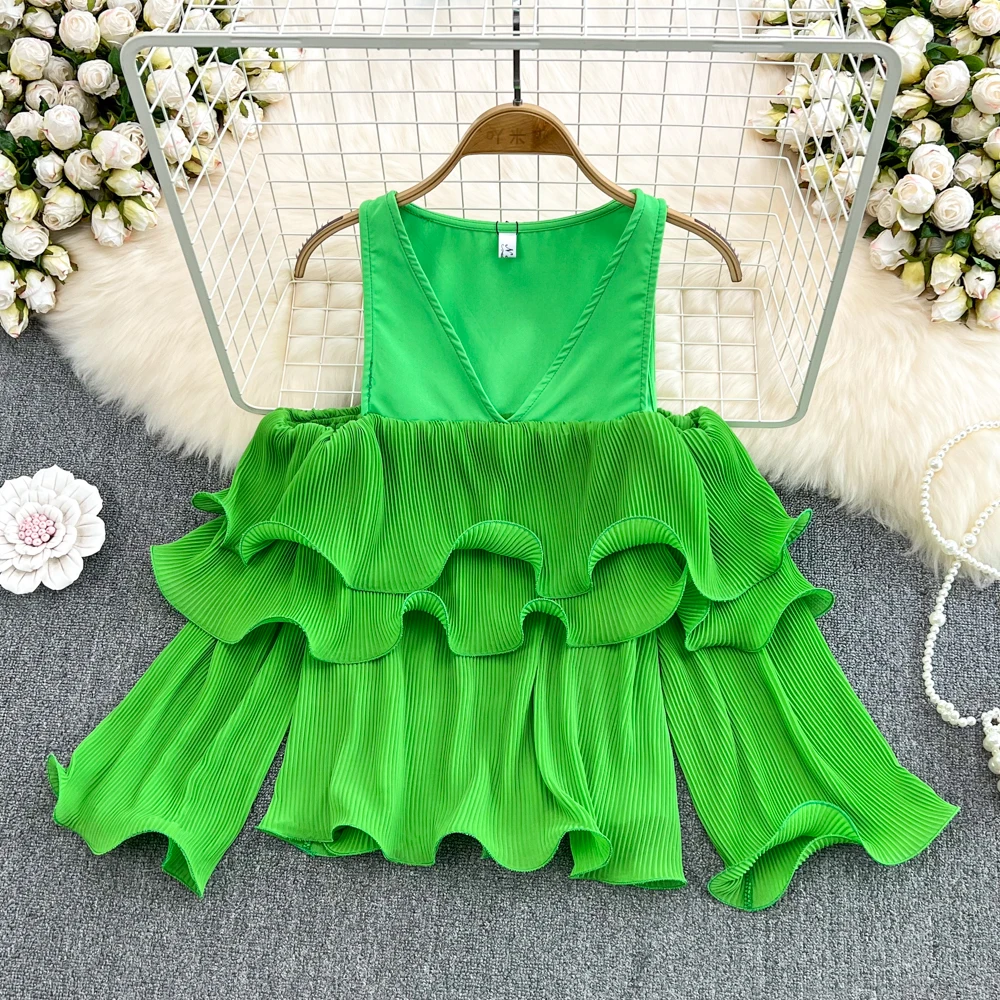 

Весна Европейский и американский индивидуальный дизайн круглый вырез с открытыми плечами прошитая плиссированная шифоновая рубашка для торта женский шикарный топ