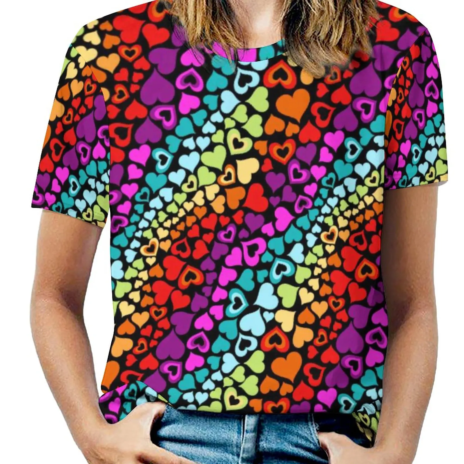 

Футболка с изображением радуги сердец, Элегантная футболка на День святого Валентина, Повседневная футболка с коротким рукавом, пляжные фу...