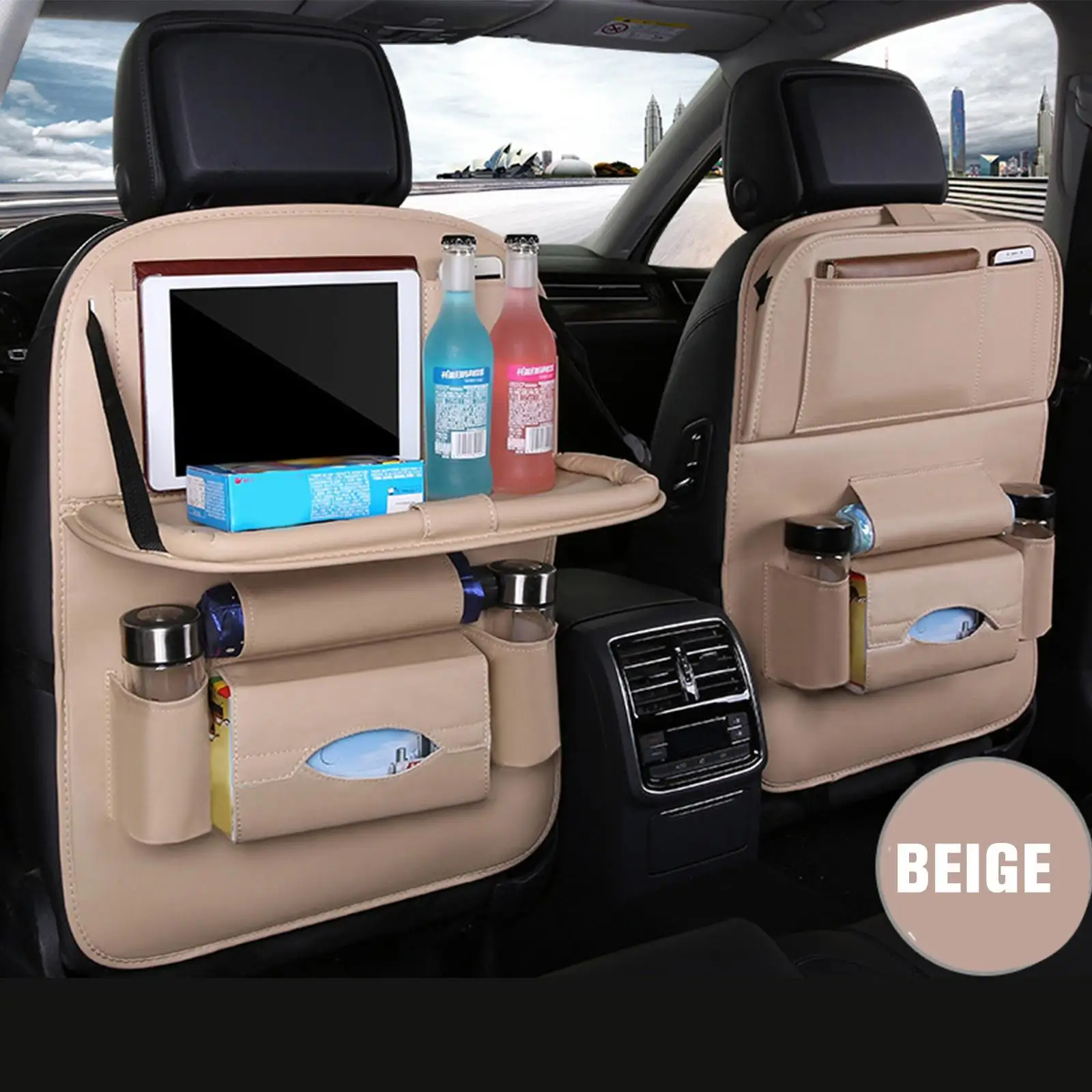 

Женская сумка для хранения со складным подносом, держатель для планшета, коробка для салфеток, чехол для заднего сиденья автомобиля, защитн...