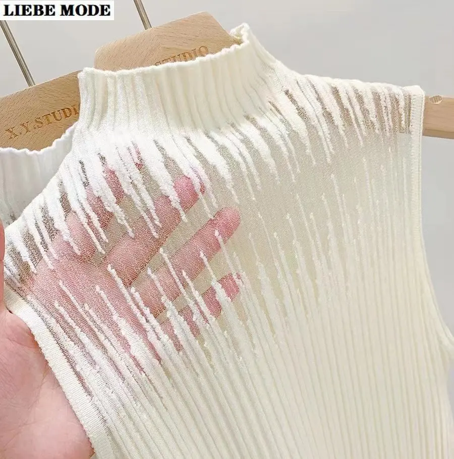 

2023 Summer Women's Hollow Out Gauze Basic Tank Top Mock Neck Elegant Sleeveless Design Slim Camis Knitting Chic Corset Tube Top