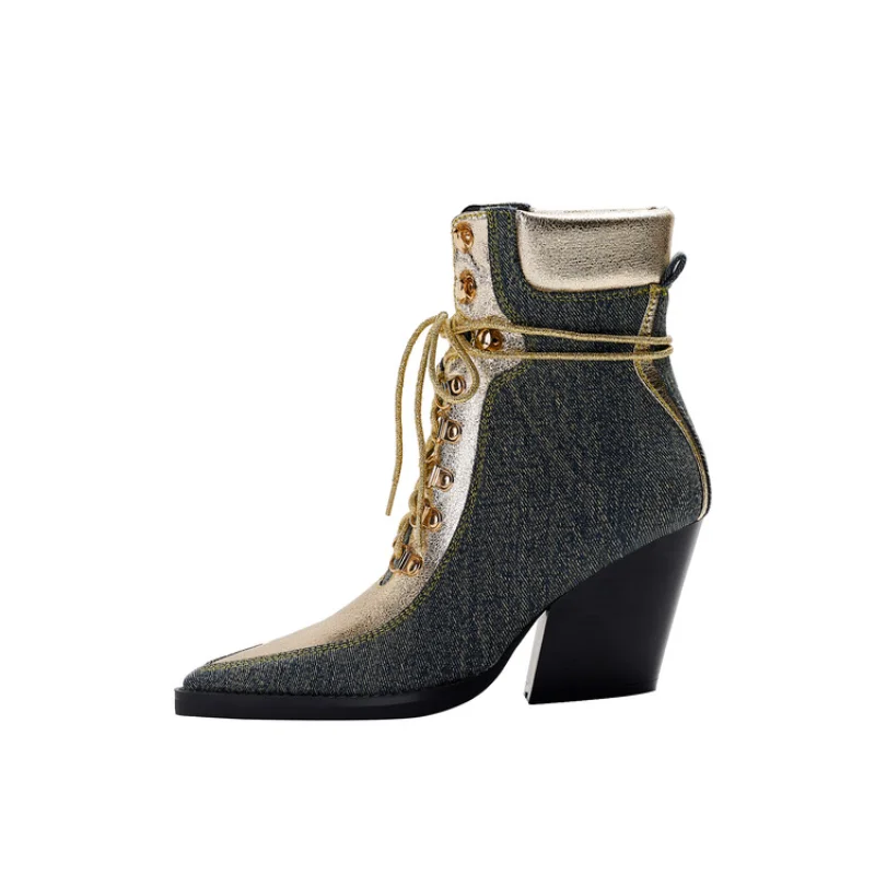 2023 New Pointy Head Color Combination Low Tube Front Strap Wedge High Heels Sexy Big Size Fashion Boots WomanM6130-1