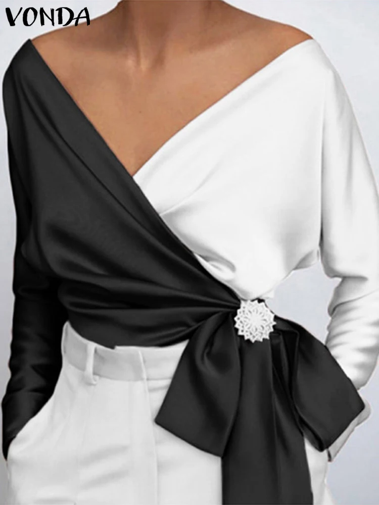 

Женские атласные рубашки VONDA 2022, модная Женская Осенняя блузка с длинным рукавом, пикантные топы с поясом и V-образным вырезом, винтажные цве...