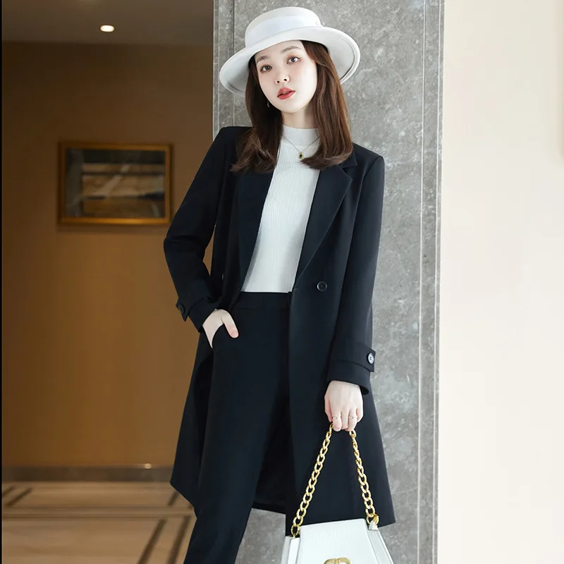 IZICFLY High Quality New Style Autumn Winter Elegant Slim Business Office Blazers Pant Sets Women Work Wear Long Windbreaker