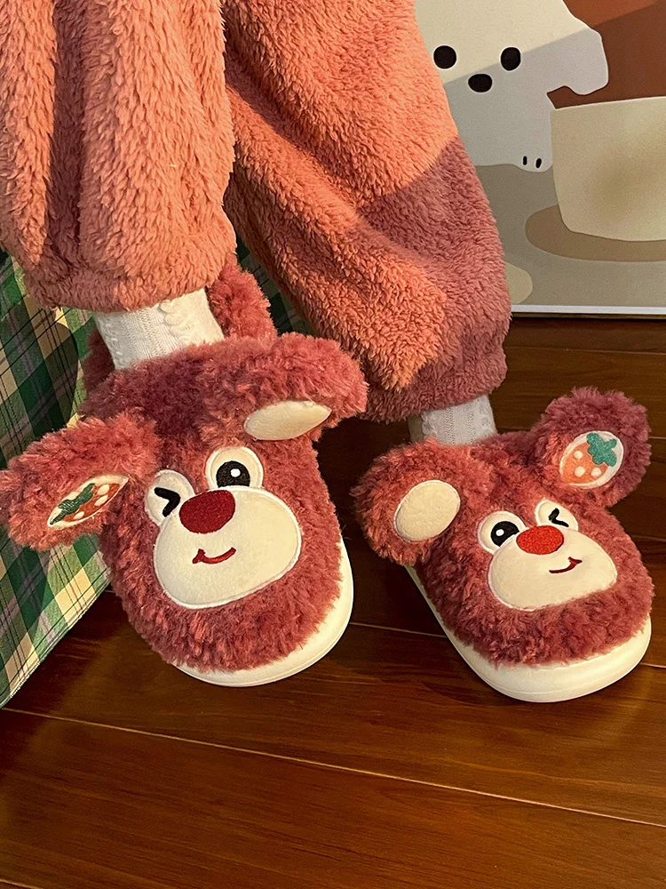 Cartoon Strawberry Bear Cotton Slippers Female Winter Cute Home Slipper Plus Plush Thick Soles Couple Man Slipper