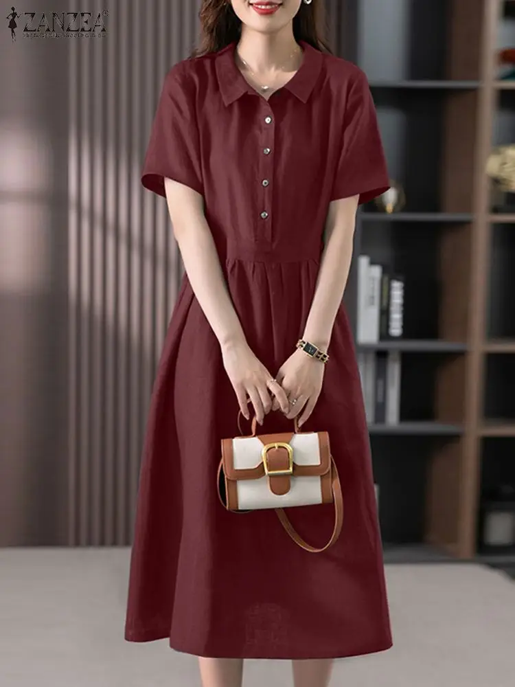 

Летнее женское однотонное платье ZANZEA с коротким рукавом, винтажное платье с воротником с лацканами, уличная одежда, свободный халат, стильн...