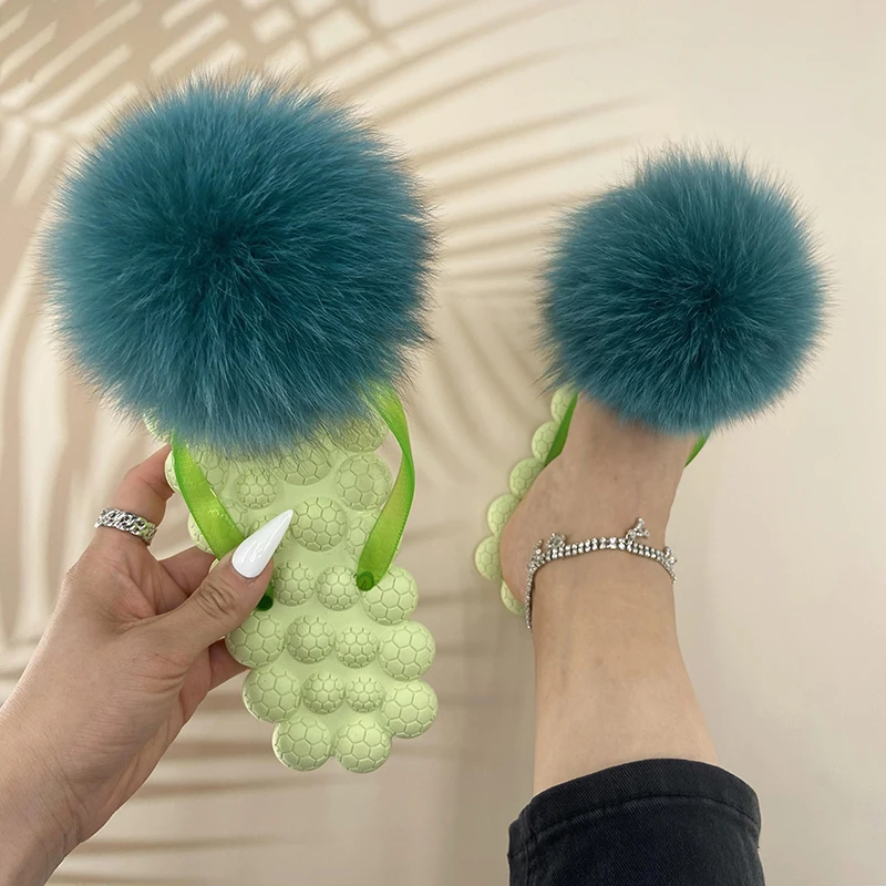 Women Flip-flops Summer Female 100% Natural Fox Fur Pom Pon Soft House Slippers 2022 Ladies Luxury Flat Beach Slides Women