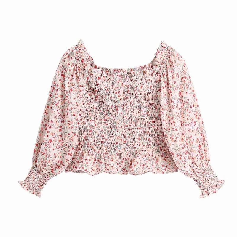 

Women Blouse Summer 2022 New Clothing Floral Prints Cropped Shirt Elastic Shirred Body Feminino Blusa Tops