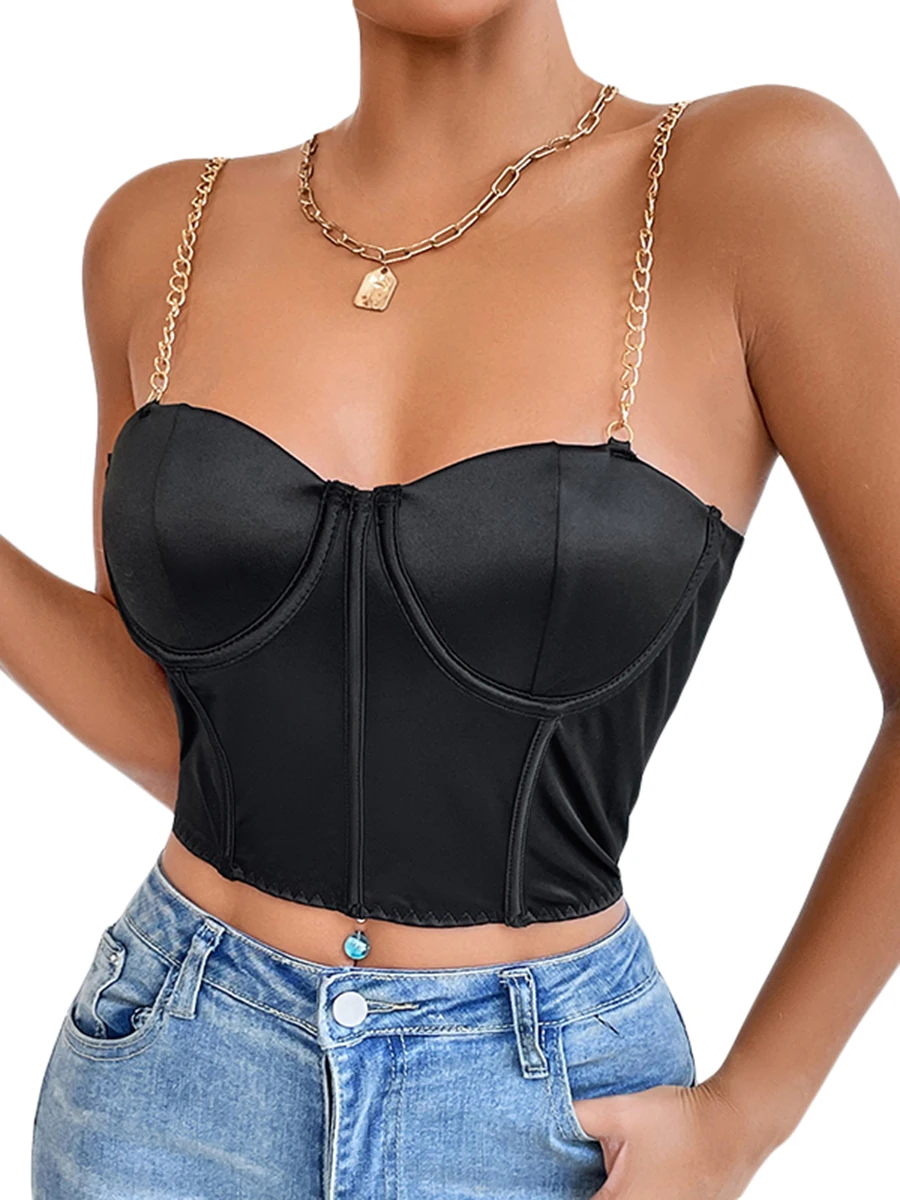 

Women Bodycon Satin Crop Cami Tops Sleeveless Chain Spaghetti Strap Solid Color Slim Fit Bustier Camisole Vest