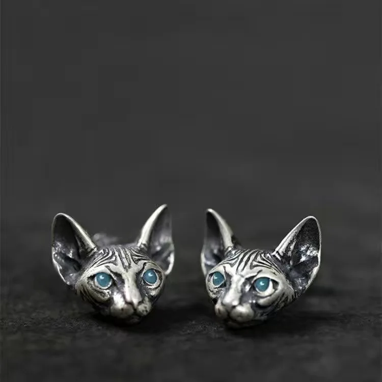 

Men Women Cute Silver Color Sphynx Hairless Cat Earring Vintage Gothic Animal Stud Earrings Unisex Party Jewelry Birthday Gifts