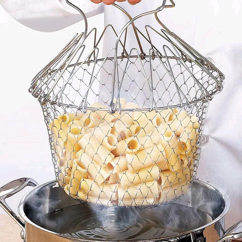 

1PC Stainless Steel Foldable Steam Rinse Strain Fry Oil Fry Chef Basket Mesh Mesh Basket Strainer Net Kitchen Cooking Tool