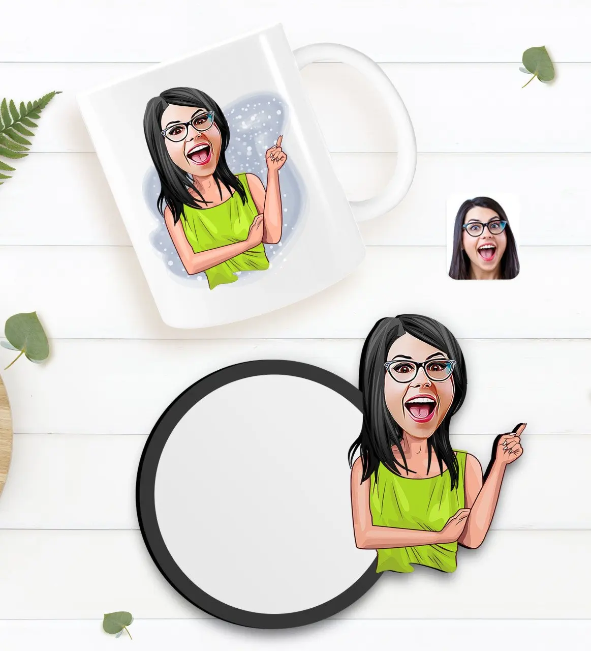 

Персонализированная Женская карикатура на белую кружку и деревянную подставку в подарок