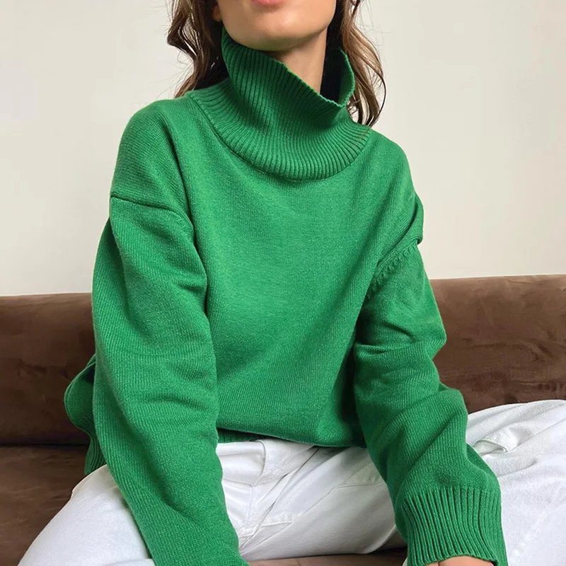 

Женский вязаный свитер с высоким воротником, Свободный Длинный пуловер оверсайз с рукавом «летучая мышь», теплый джемпер, Осень-зима 2022