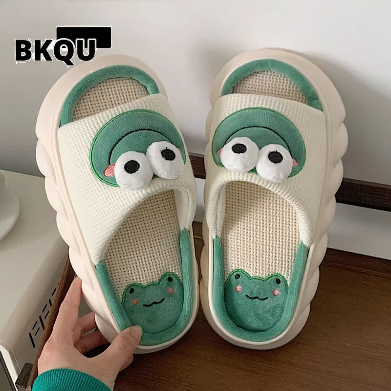 

Lovely Frog Linen Slippers Women Shoes Couples Non Slip Thick Soled Spring Summer Cotton Linen Cool Slippers Home Slippers Slide