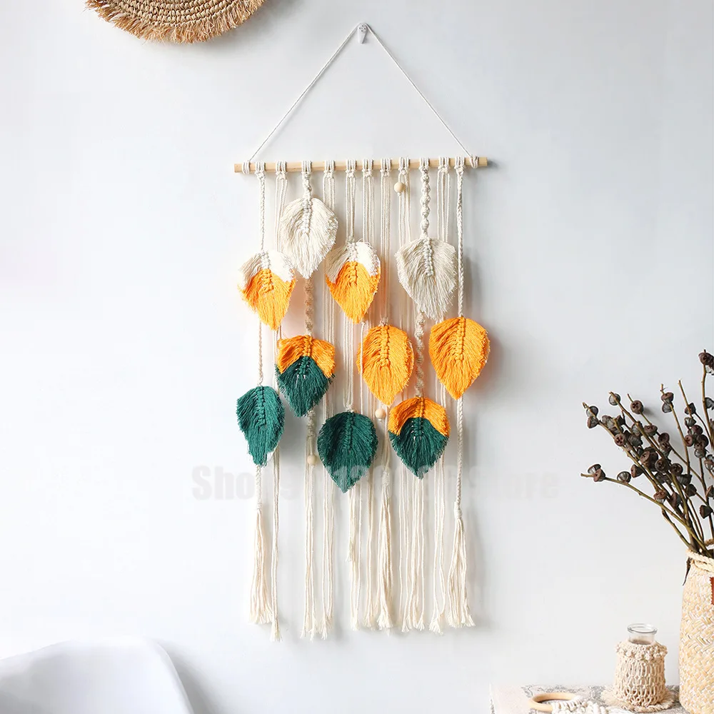

ins style Nordic hand-woven feather leaf tapestry Moroccan style colorful woven rope wall decoration homestay background fabric