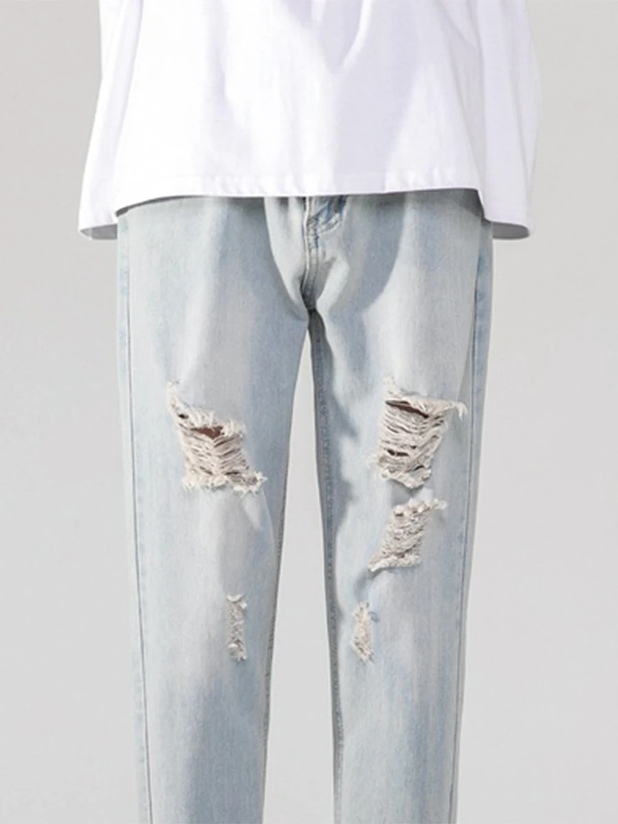 Spring and Autumn Korean Version Men's Ripped Straight Jeans Casual Nine-point Pants Fashion Streetwear Men's Ins Hot Sale JEANS