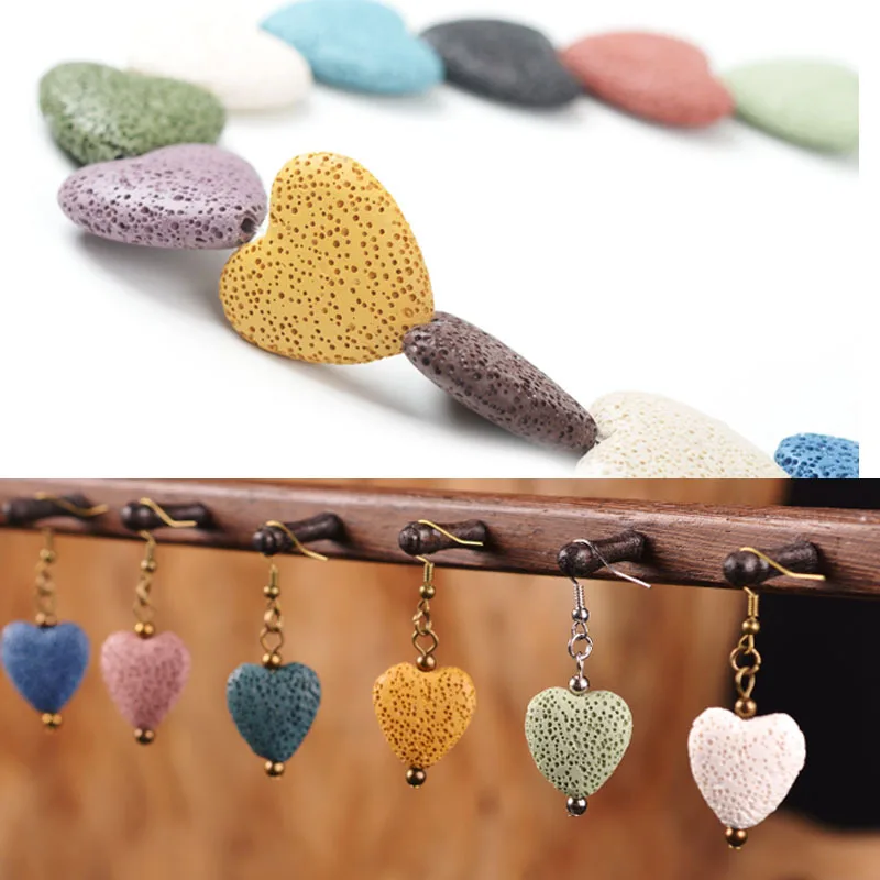 15/19pcs Natural Volcano Lava Stone Heart Shape Colorful Loose Crafts Beads For DIY Necklace Bracelets Earring Jewelry Making