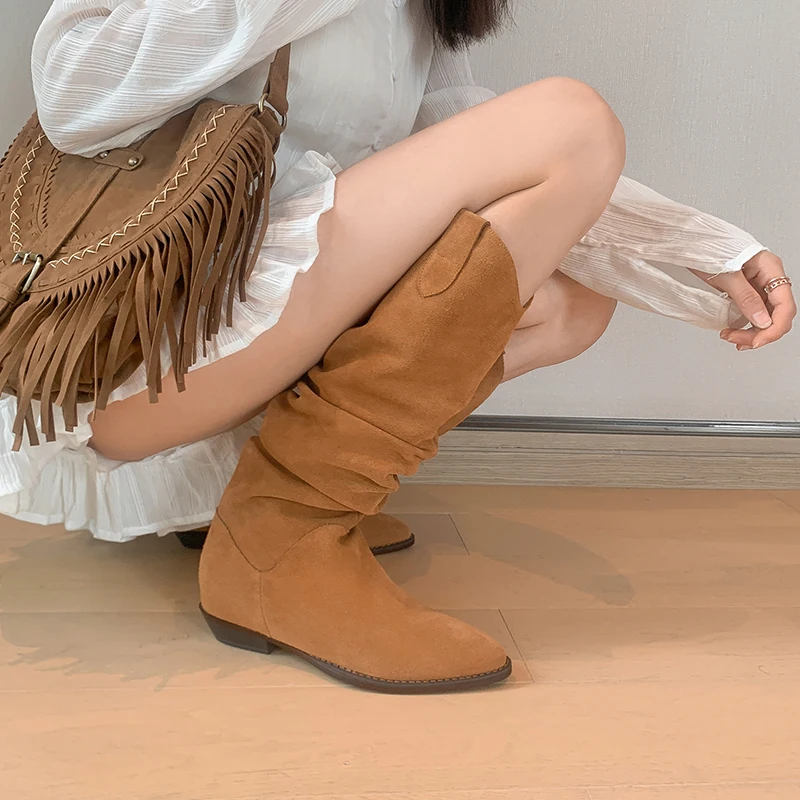 

Slip On Med Calf Boots Woman Cow Suede Cowgirls Western Boots Spring Autumn Woman Boots Pointed Toe Ladies Shoes Winter Botas